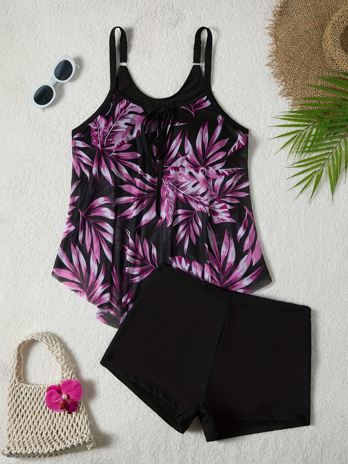 KissICON Chic Tropical Leaf Print Curve Tankini