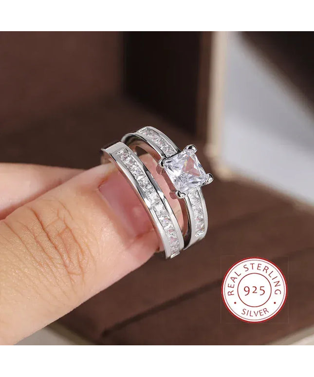 KissICON CHINA / 7 925 Sterling Silver Double Row Zircon Micro Inlaid Style Wedding Diamond Ring Set Ring Zircon For Couple Ring