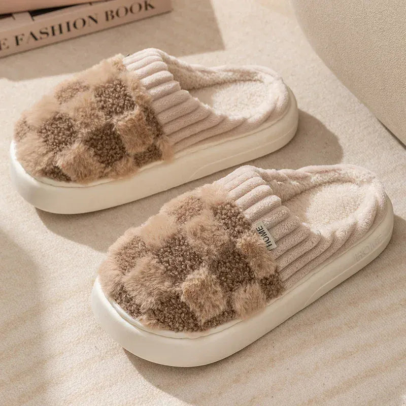 KissICON Chocolate / 44-45 Fashion Couple Winter Flip Flops Warm Plaid Plush