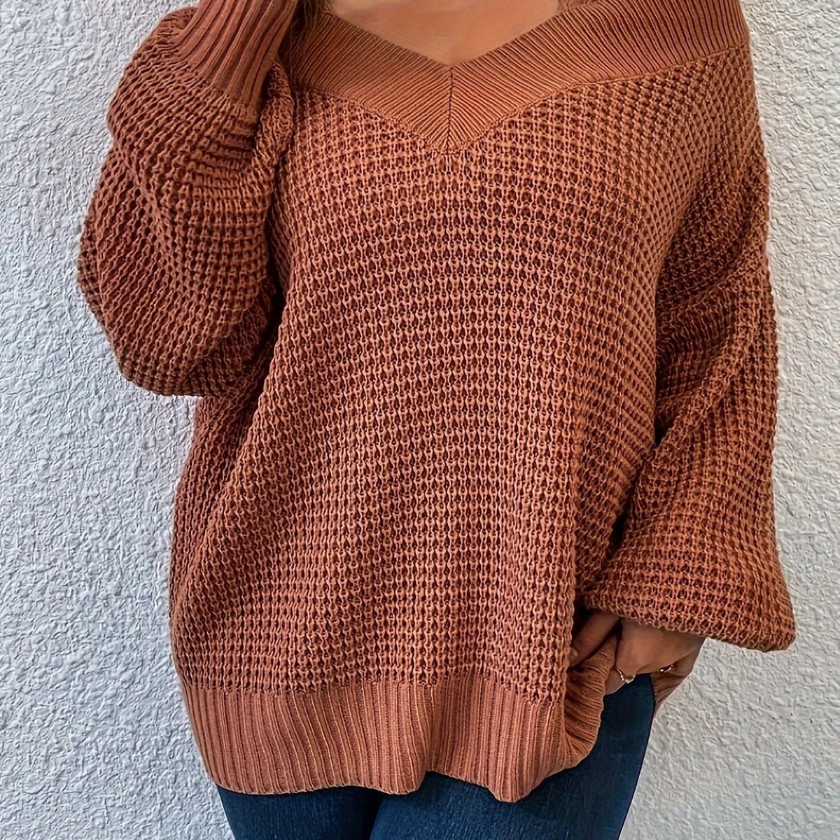 jkthpu-45 Chocolate / UK 16 Cozy Beige OffShoulder VNeck Knit Sweater
