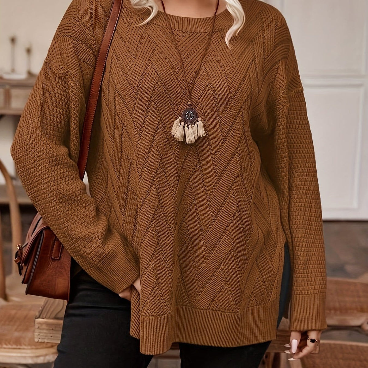 jkthpu-45 Chocolate / UK 18 Plus Size, Women's Plus Size Elegant Sweater -