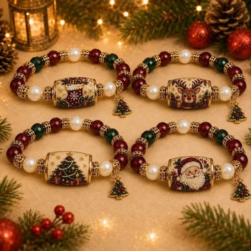 KissICON Christmas Bracelet Stretch Beaded Bracelet Christmas Tree Elk Stocking Charms Christmas New Years Gift Droshipping