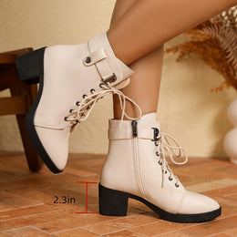 jkthpu-45 Chunky Heel White Ankle Boots Versatile LaceUp Style