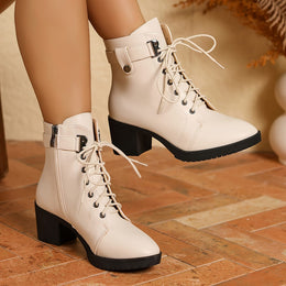 jkthpu-45 Chunky Heel White Ankle Boots Versatile LaceUp Style