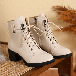 jkthpu-45 Chunky Heel White Ankle Boots Versatile LaceUp Style