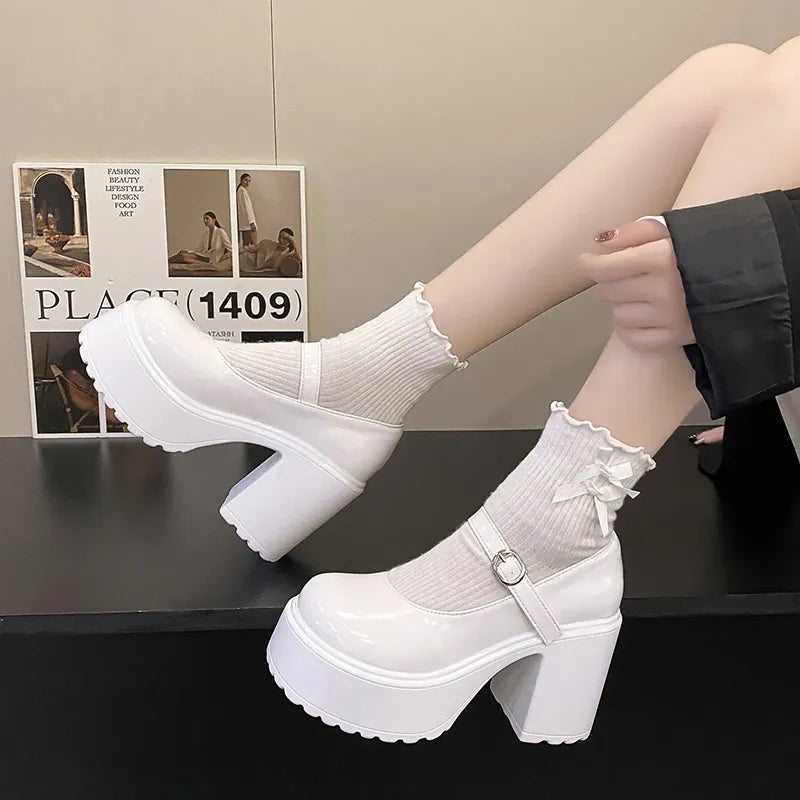 Dropshipman Chunky Platform High Heels Pumps Women 2023 Autumn Pu Leather Ankle Buckle Mary Jane Shoes Woman Thick Heeled White Lolita Shoes