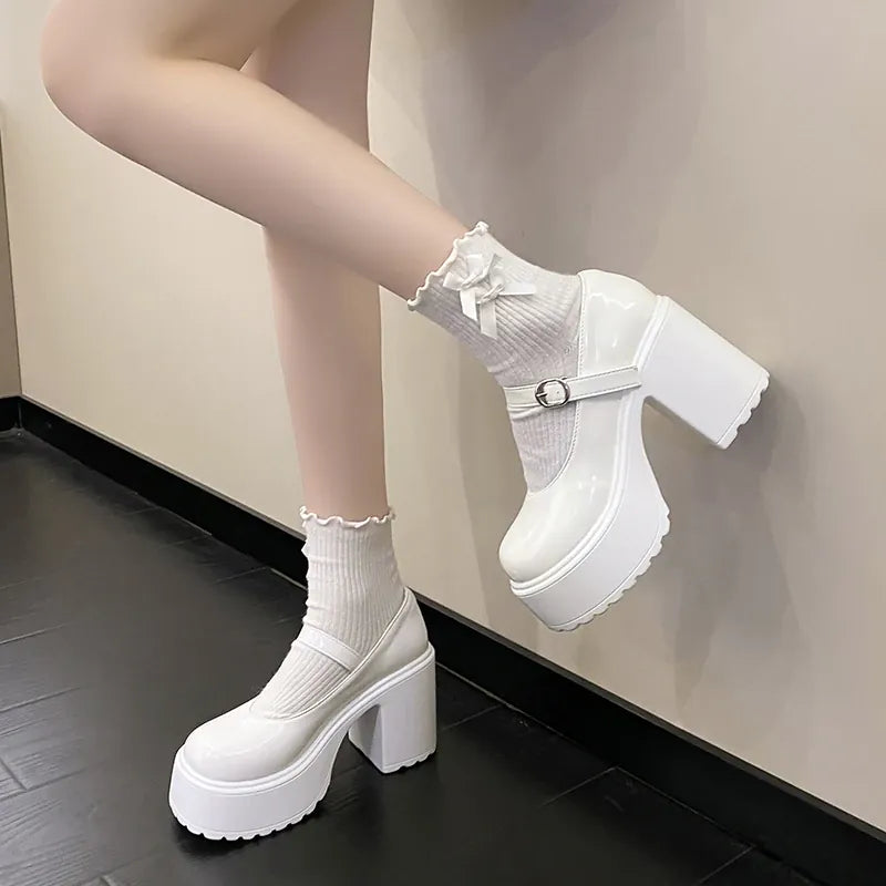 Dropshipman Chunky Platform High Heels Pumps Women 2023 Autumn Pu Leather Ankle Buckle Mary Jane Shoes Woman Thick Heeled White Lolita Shoes