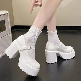Dropshipman Chunky Platform High Heels Pumps Women 2023 Autumn Pu Leather Ankle Buckle Mary Jane Shoes Woman Thick Heeled White Lolita Shoes