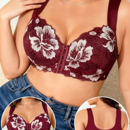 KissICON Claret / 3XL Plus-size Women's Lace Floral Front-clasp Bra