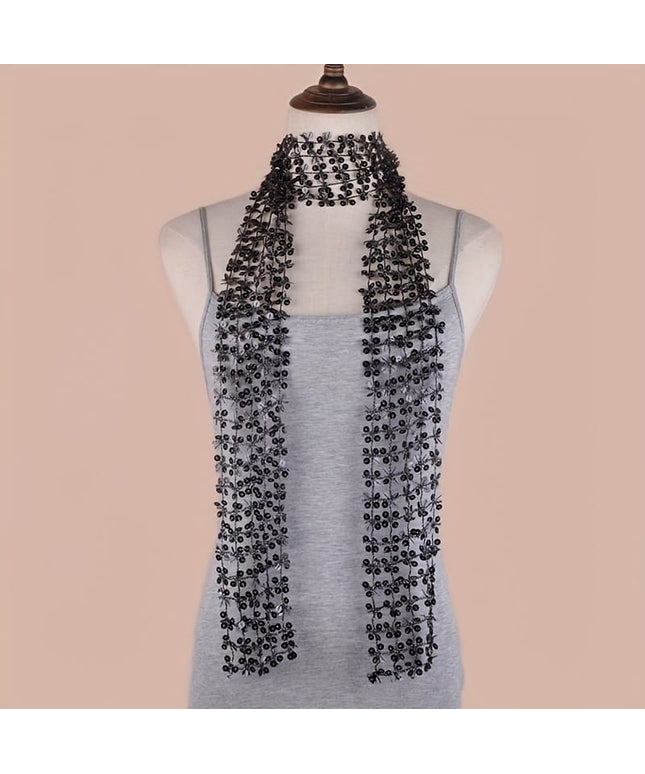 jkthpu-45 Classic Black / Generous 8x160cm Sparkle  Style Versatile Sequined Embroidered Scarf