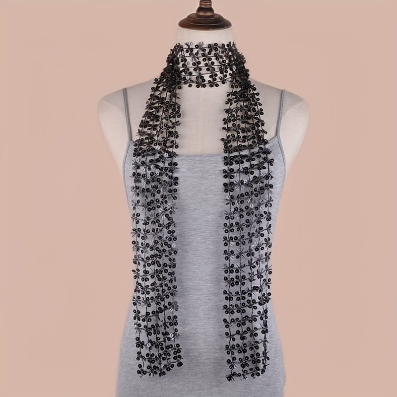 jkthpu-45 Classic Black / Generous 8x160cm Sparkle  Style Versatile Sequined Embroidered Scarf