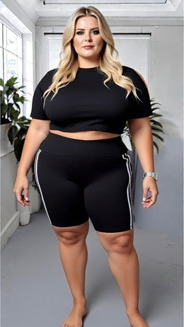 KissICON Classic Black High-Waisted Cycling Shorts with Side Stripes – Plus Size Active & Casual Essential