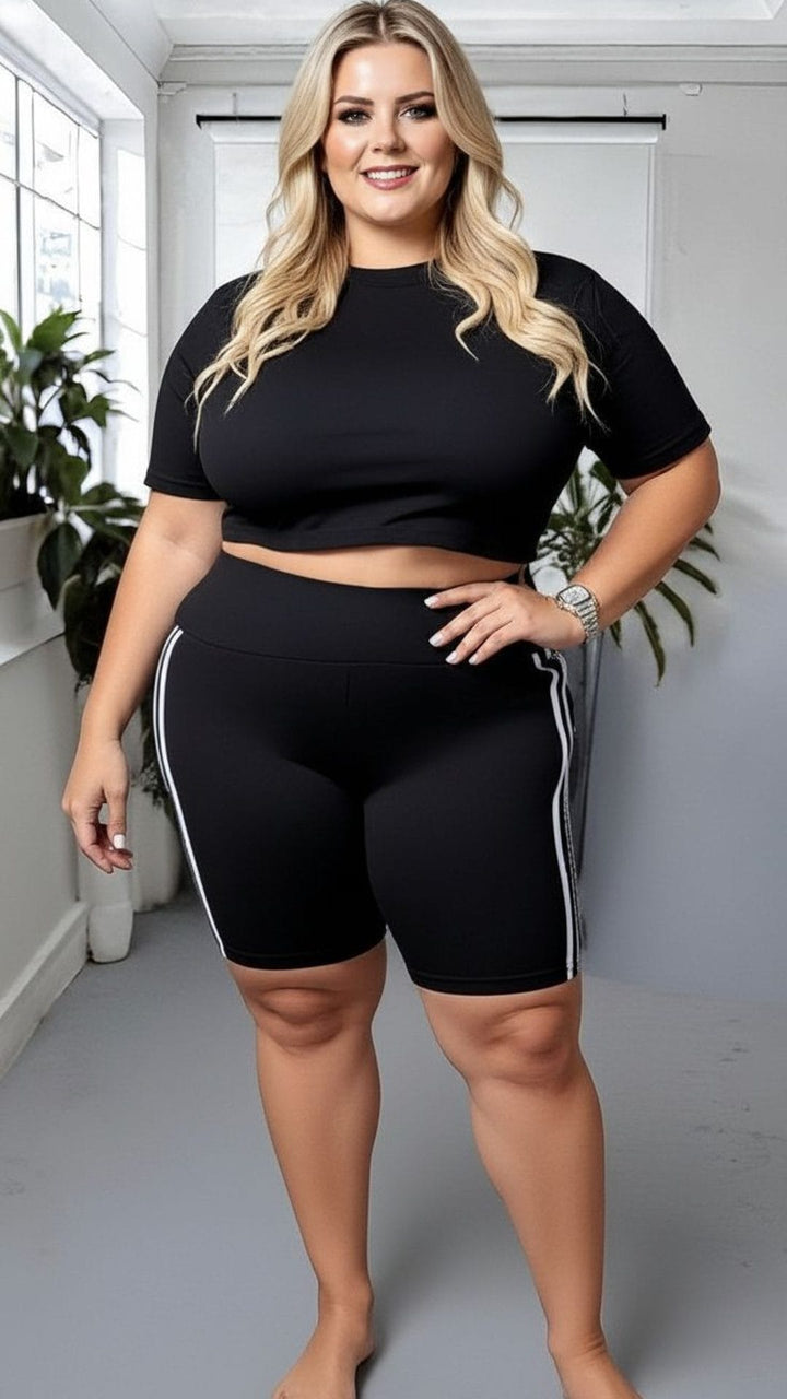 Classic Black High-Waisted Cycling Shorts with Side Stripes – Plus Size Active & Casual Essential