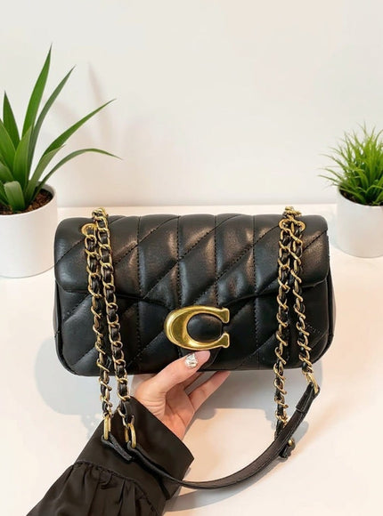 KissICON Classic Black Quilted Leather Shoulder Bag with Gold Chain