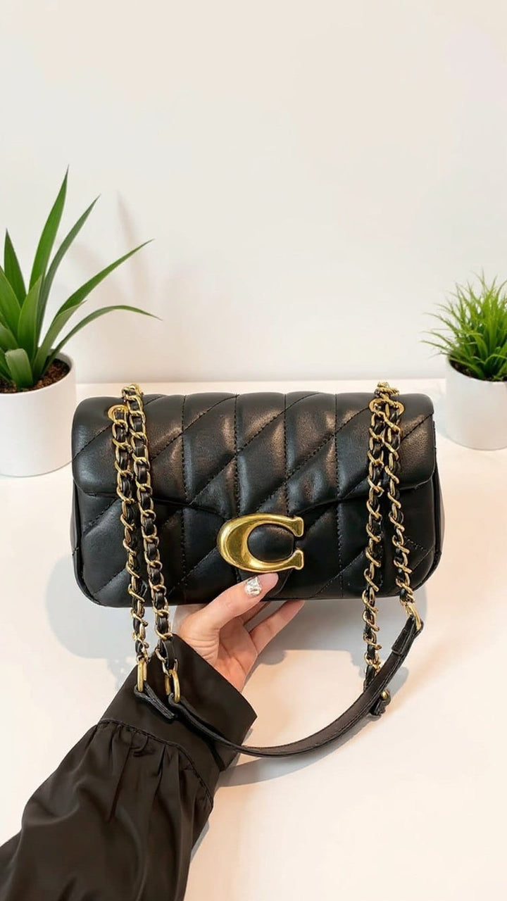 Classic Black Quilted Leather Shoulder Bag with Gold Chain