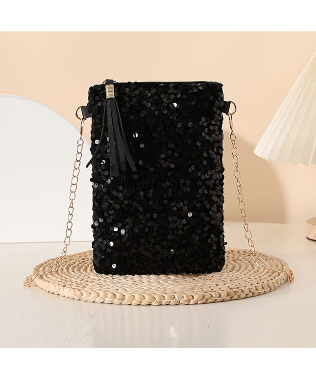 jkthpu-45 Classic Black Sparkling Multicolor Polka Dot Evening Bag with Tassels