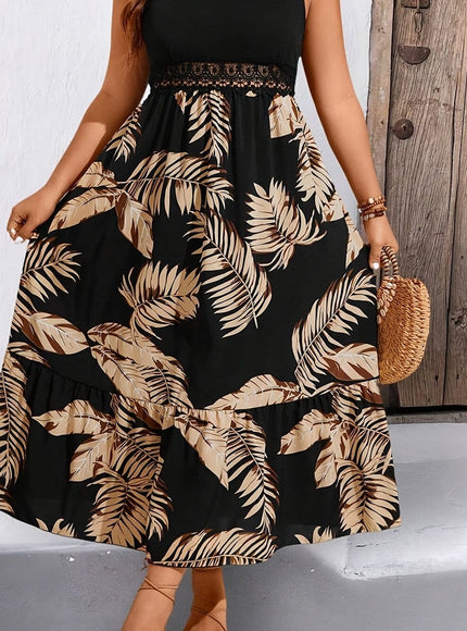 jkthpu-45 Classic Black / UK 16 Plus Size Tropical Lace Patchwork Summer Vacation Dress