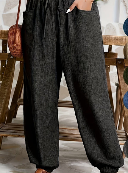 jkthpu-45 Classic Black / UK 18 Comfy Plus Size Ruffle TieWaist Pocket Pants