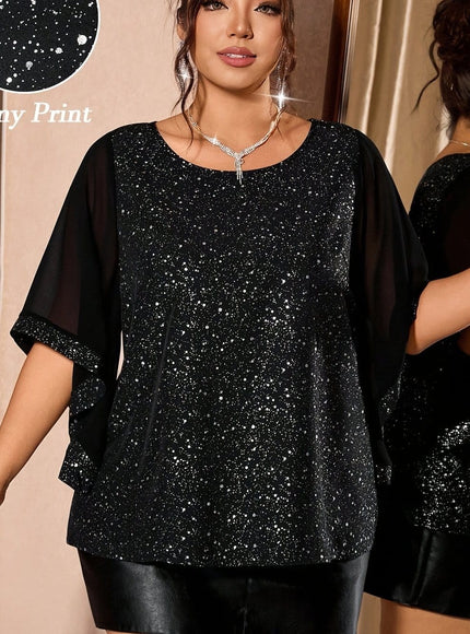 jkthpu-45 Classic Black / UK 18 (US 14) Chic Plus Size Sequin Patchwork Chiffon Blouse