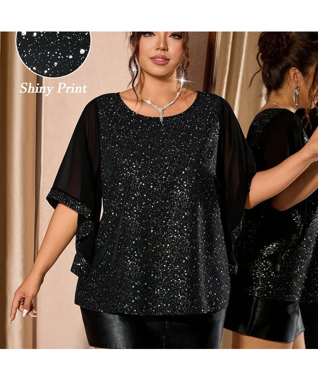 jkthpu-45 Classic Black / UK 18 (US 14) Chic Plus Size Sequin Patchwork Chiffon Blouse
