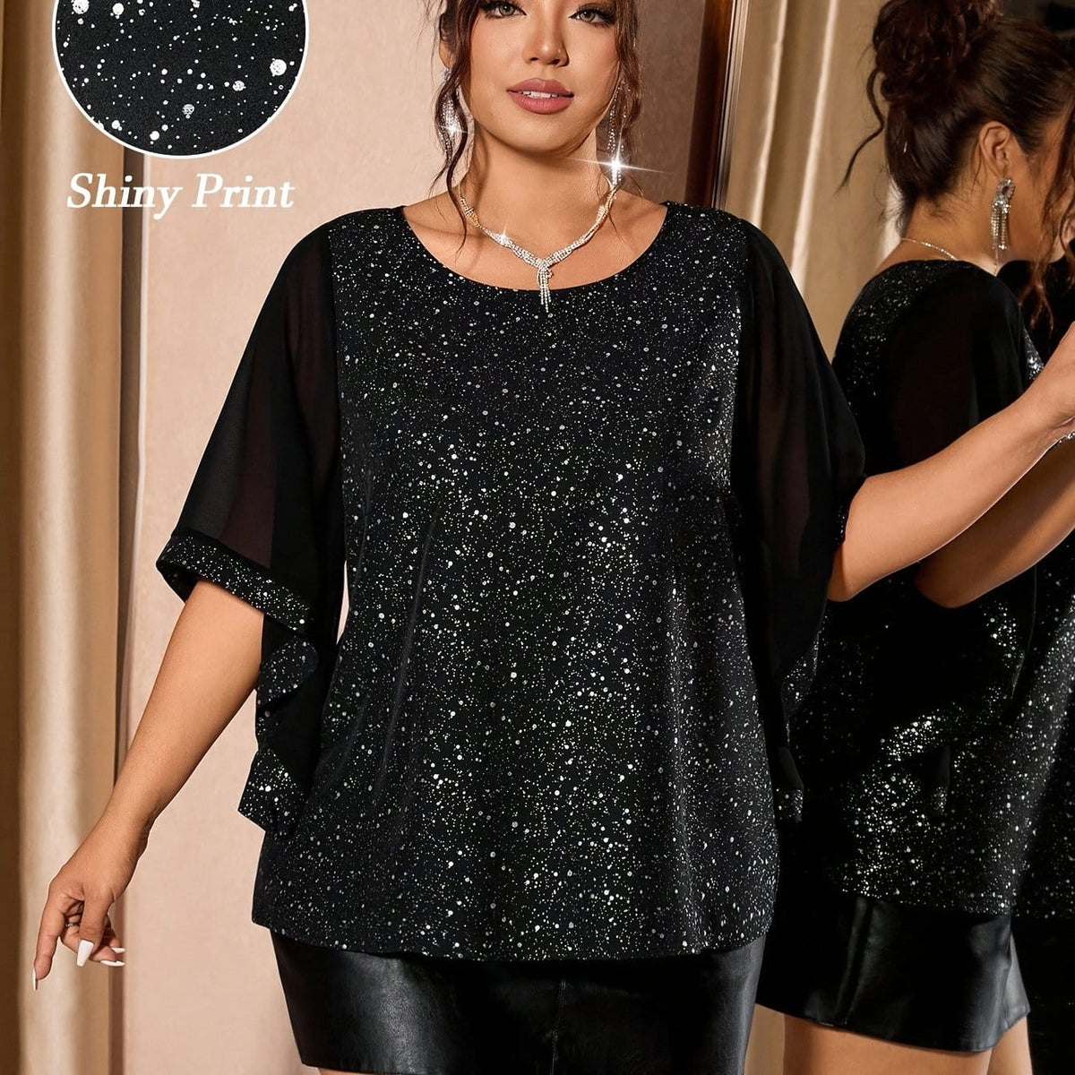 jkthpu-45 Classic Black / UK 18 (US 14) Chic Plus Size Sequin Patchwork Chiffon Blouse