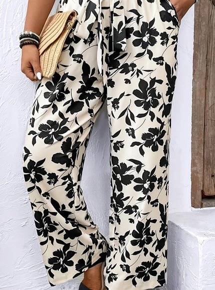 jkthpu-45 Classic Black / UK 20 (XL) Chic Plus Size Black  White Print Loose Vacation Trousers