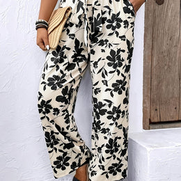 jkthpu-45 Classic Black / UK 20 (XL) Chic Plus Size Black  White Print Loose Vacation Trousers