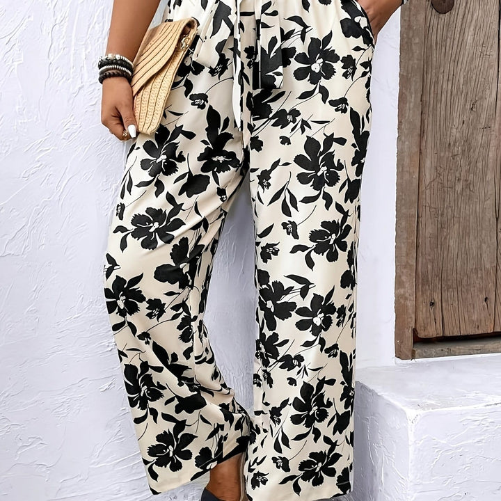 Chic Plus Size Black  White Print Loose Vacation Trousers