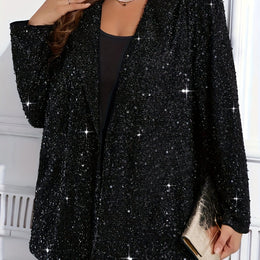 jkthpu-45 Classic Black / UK 26 (US 22) Sparkling Elegant Plus Size Lapel Coat SpringAutumn Chic