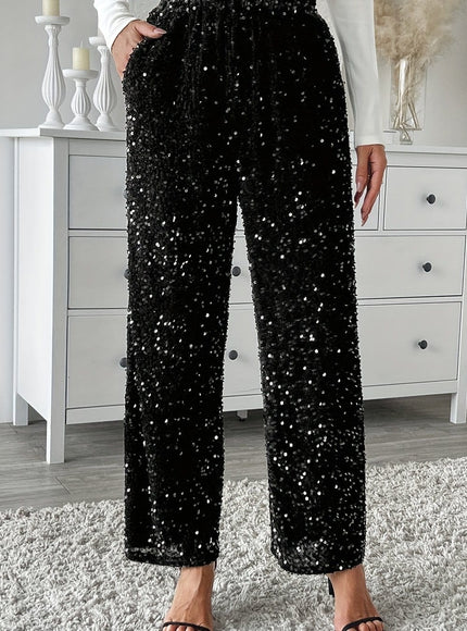 jkthpu-45 Classic Black / UK Size 8 Velvet Sequin Front Loose Straight Elastic Waist Pants