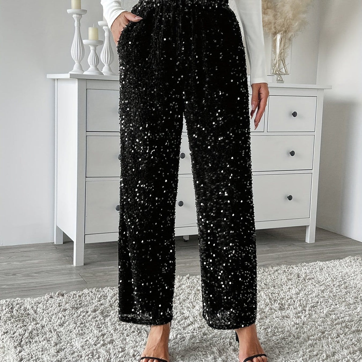 jkthpu-45 Classic Black / UK Size 8 Velvet Sequin Front Loose Straight Elastic Waist Pants