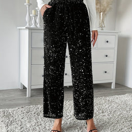 jkthpu-45 Classic Black / UK Size 8 Velvet Sequin Front Loose Straight Elastic Waist Pants