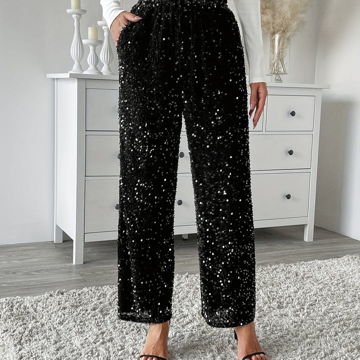Velvet Sequin Front Loose Straight Elastic Waist Pants