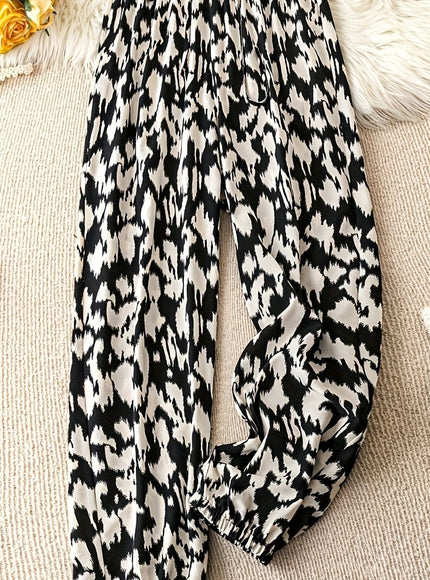 jkthpu-45 Classic Black & White / UK 18 - Curvy Fit Plus Size Geometric Print High Waist Casual Summer Pants