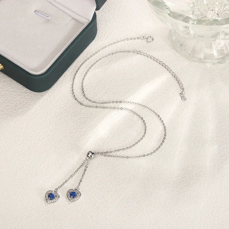 KissICON Classic Double Heart Blue Zircon Pendant Necklace - Sparkle