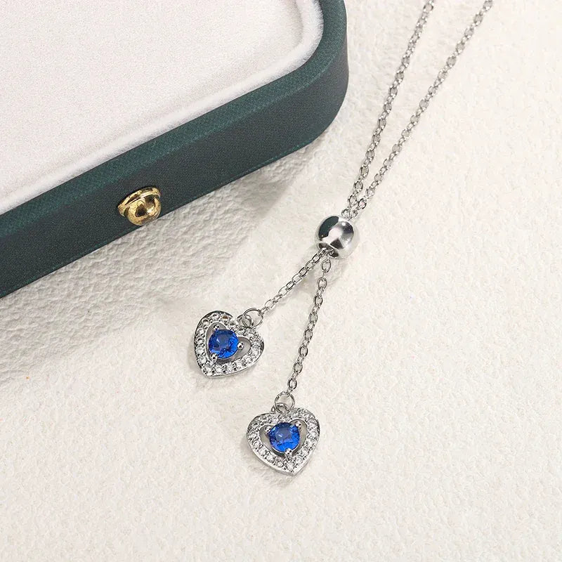 KissICON Classic Double Heart Blue Zircon Pendant Necklace - Sparkle