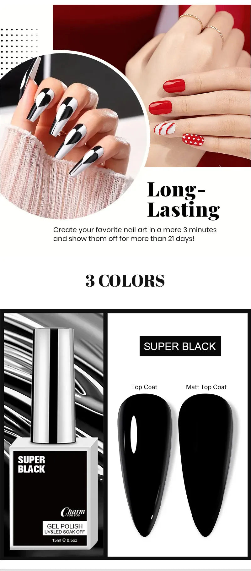 KissICON Classic Gel Nail Polish 15ml Black White Red