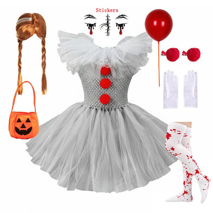 KissICON Clown Dress Set 04 / 10-12Y (XXL) Kids Girls Creepy Clown Fancy Costume Gray Tulle Tutu Dress Cosplay Outfit for Halloween Carnival of The Dead Stage Party Wear