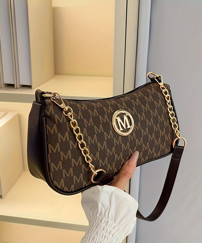 jkthpu-45 Coffee Brown Vintage French M Letter Underarm Chain Crossbody Bag