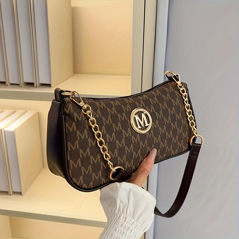 jkthpu-45 Coffee Brown Vintage French M Letter Underarm Chain Crossbody Bag
