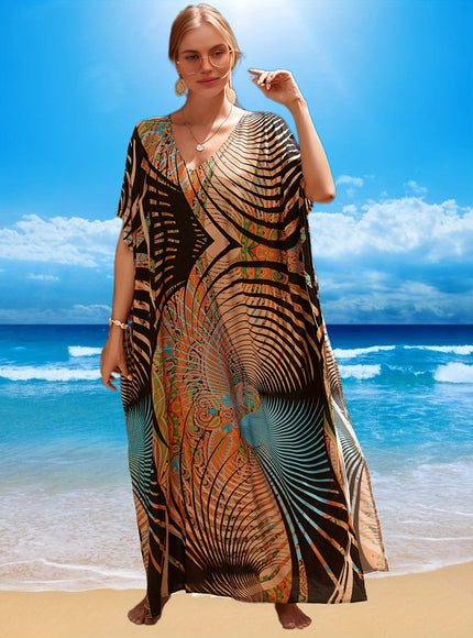 KissICON Coffee color / One-size Curve Allover Print V Neck Loose Fit