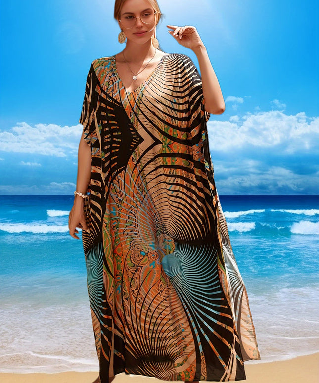 KissICON Coffee color / One-size Curve Allover Print V Neck Loose Fit
