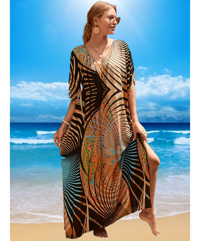 KissICON Coffee color / One-size Curve Allover Print V Neck Loose Fit