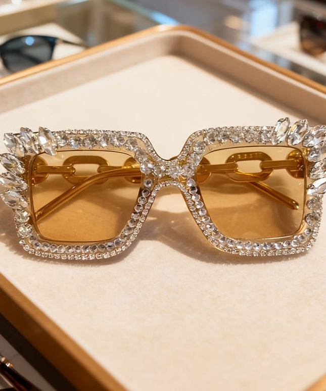 jkthpu-45 Coffee Color Sparkling Encrusted Square Glasses Party Date Photo Glam