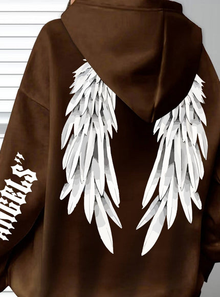 jkthpu-45 Coffee color / UK 16 Plus Size Angel Wings Print Hoodie - Soft