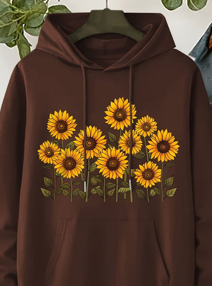 jkthpu-45 Coffee color / UK 16 Plus Size, Women's Sunflower Print Hooded Sweatshirt -