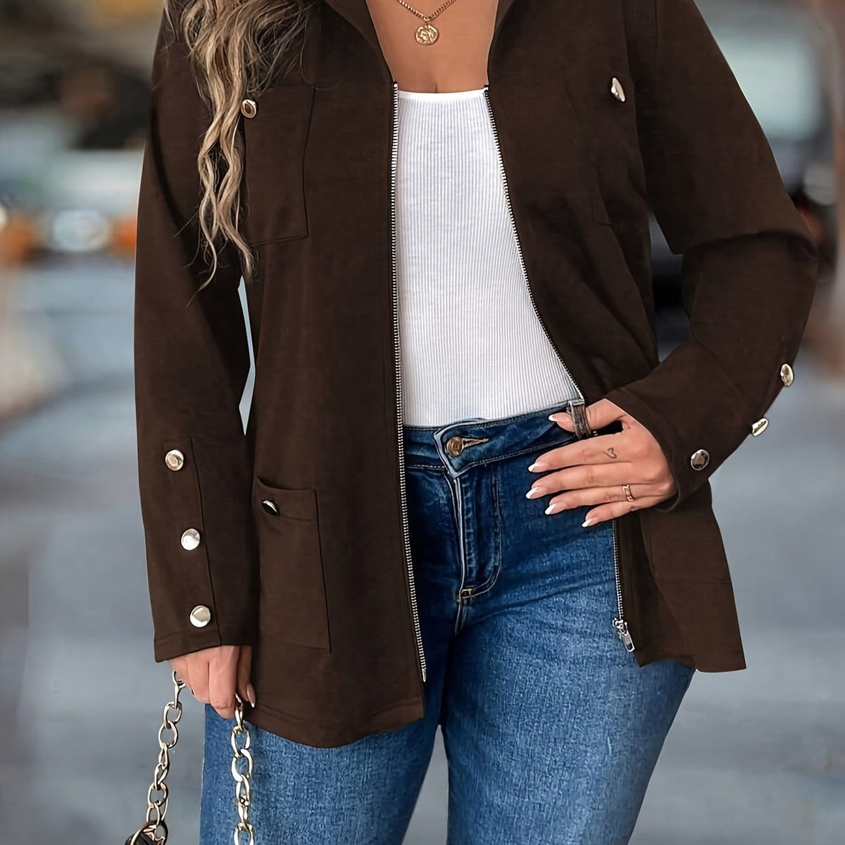 KissICON Coffee color / UK 18 Elegant Curve Zipup Jacket – Flared Hem Versatility