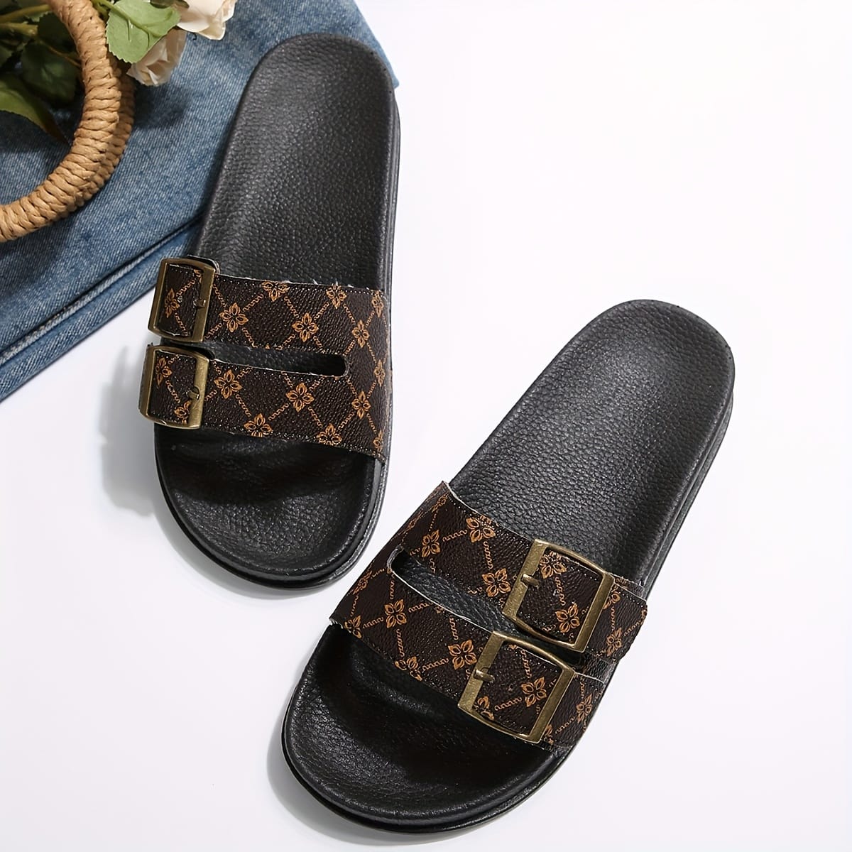 jkthpu-45 Coffee color / UK 3.5 Chic Floral Double Buckle Summer Slide Sandals