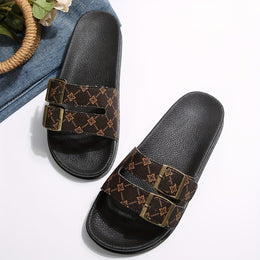 jkthpu-45 Coffee color / UK 3.5 Chic Floral Double Buckle Summer Slide Sandals