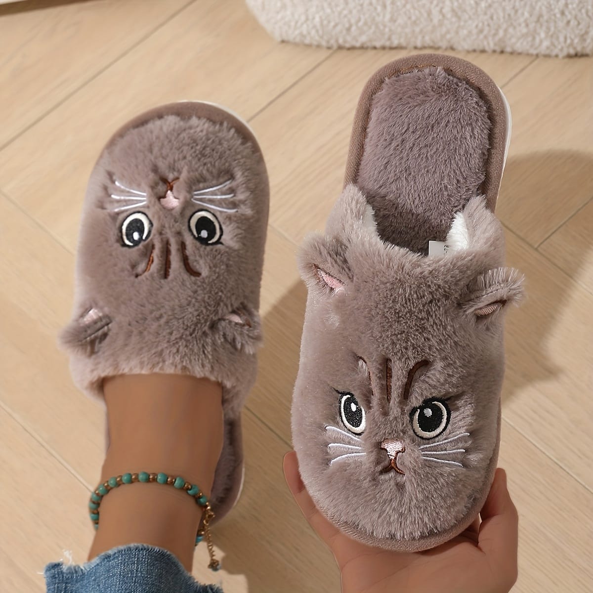 jkthpu-45 Coffee color / UK 4.5-5 Cute Plush Cat Slippers Warm Cozy NonSlip Indoor Shoes